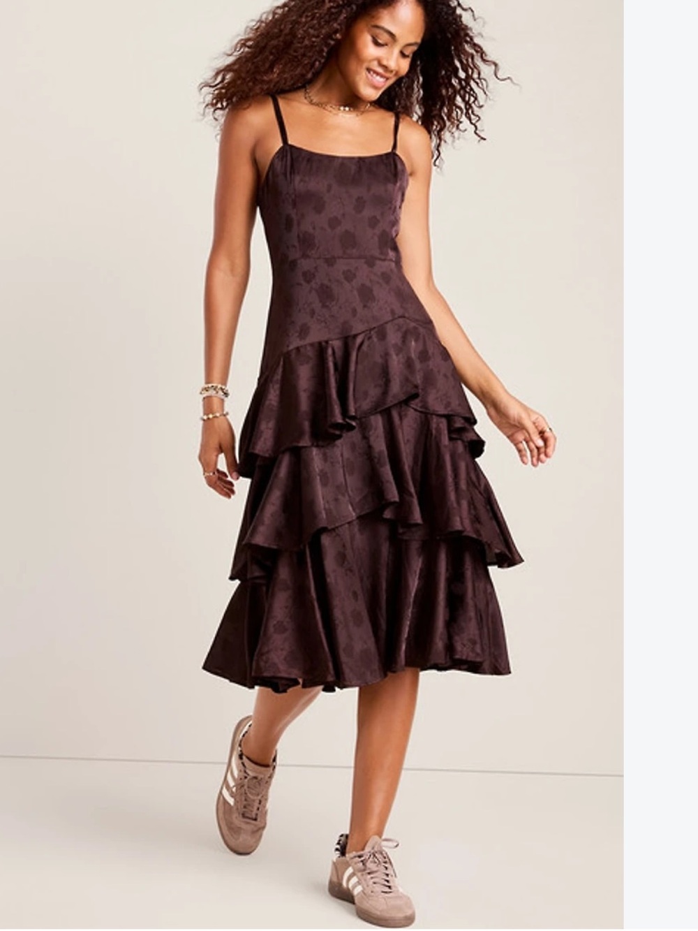 Francesca's Cassie tiered brown raffle jacquard midi dress size small New